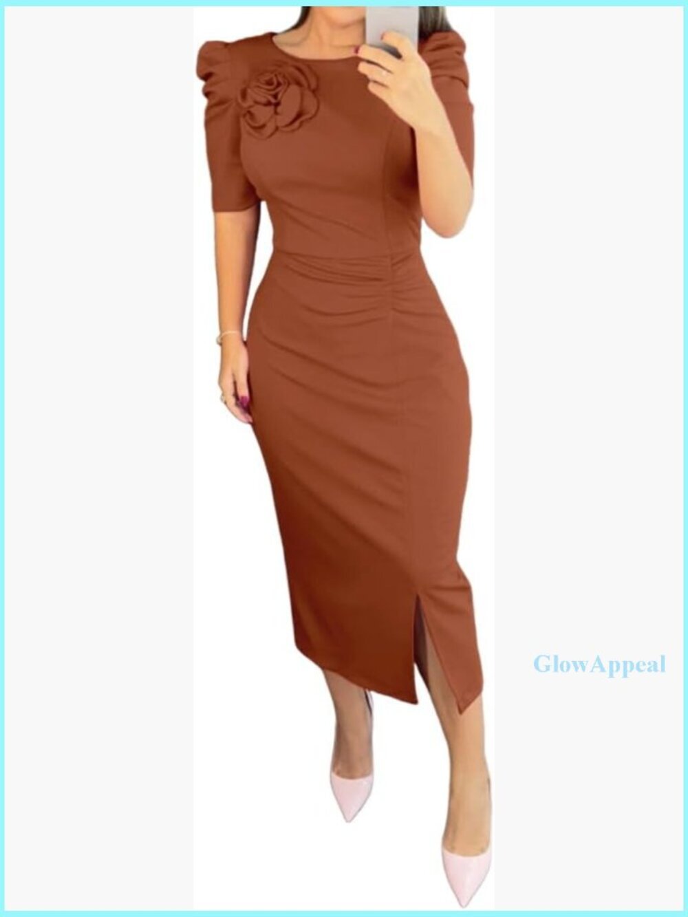 Bodycon Midi Dress Ruched Puff Sleeve Cocktail Pencil Dress Slit